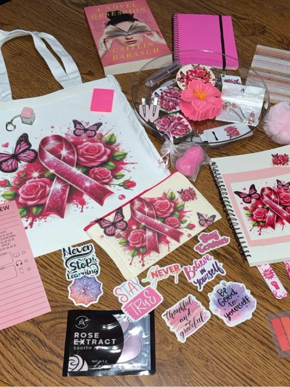 Pink Breast Cancer Awareness Tote bundle Pouch and Notebook book journal